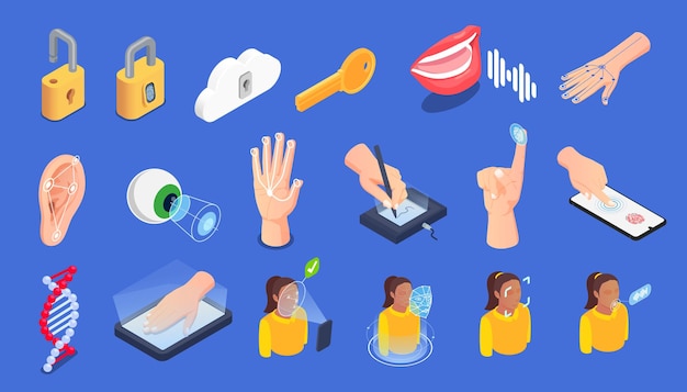 生物特征认证指纹语音眼脸耳dna元素插画