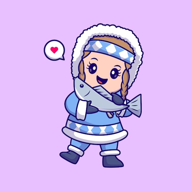 穿冬季服装的女孩与鱼卡通插画