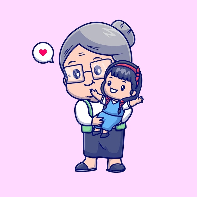 奶奶抱着孙女卡通插画