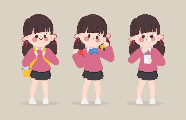 可爱的小学生小女孩卡通插画