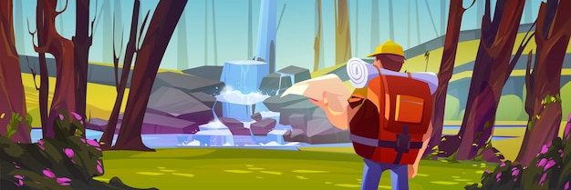 旅行徒步森林场景插画