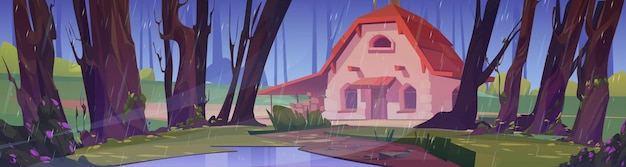 雨天的森林小屋场景插画