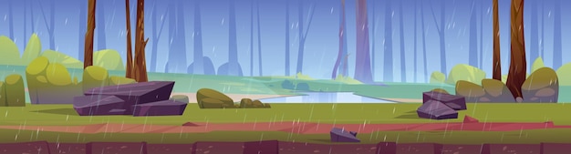 雨天的森林池塘场景插画