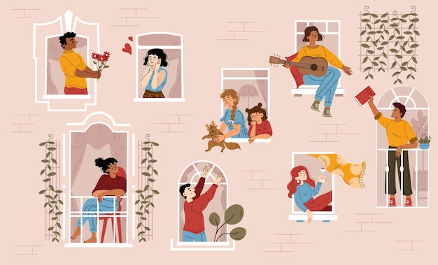 通过窗户与人交流插画