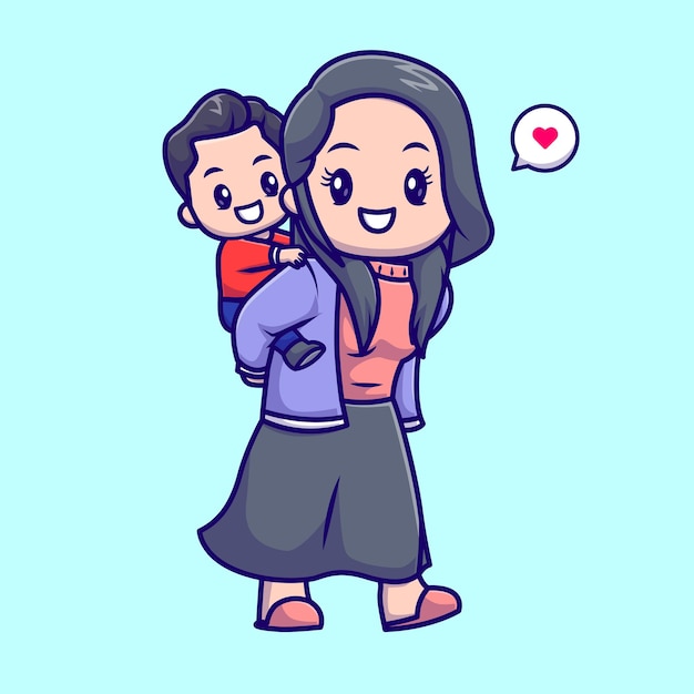 背着儿子的妈妈人物插画