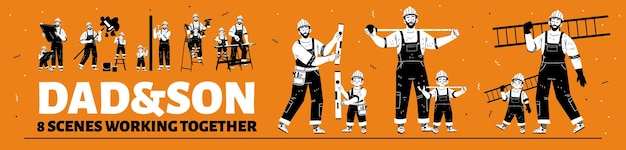 爸爸和儿子一起工作建筑工人插画