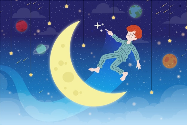 梦境幻想男孩月亮梦幻插画