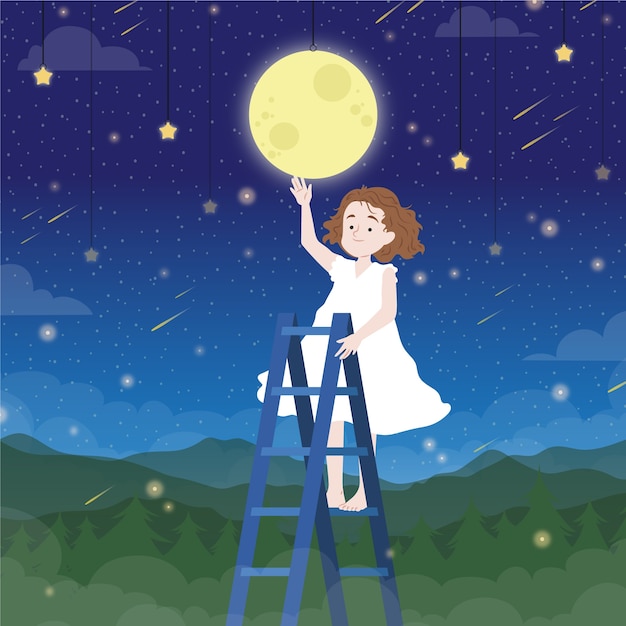 梦境幻想女孩月亮梦幻插画