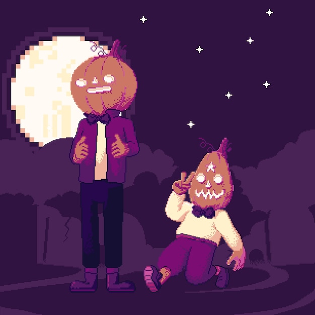 像素风万圣节南瓜头装扮插画