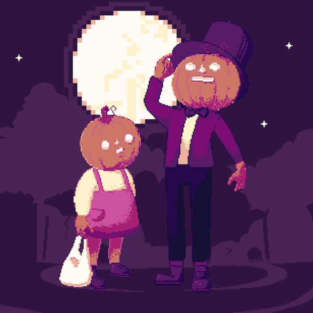 像素风万圣节南瓜头装扮插画