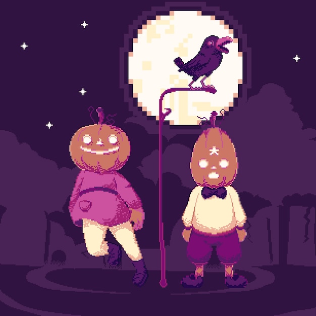 像素风万圣节南瓜头装扮插画