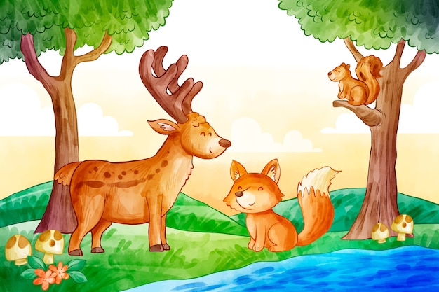 水彩鹿狐狸动物插画