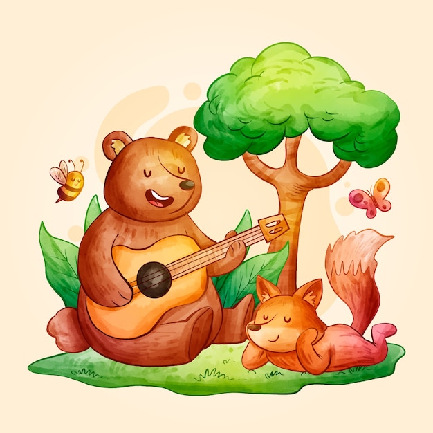 水彩熊狐狸动物插画