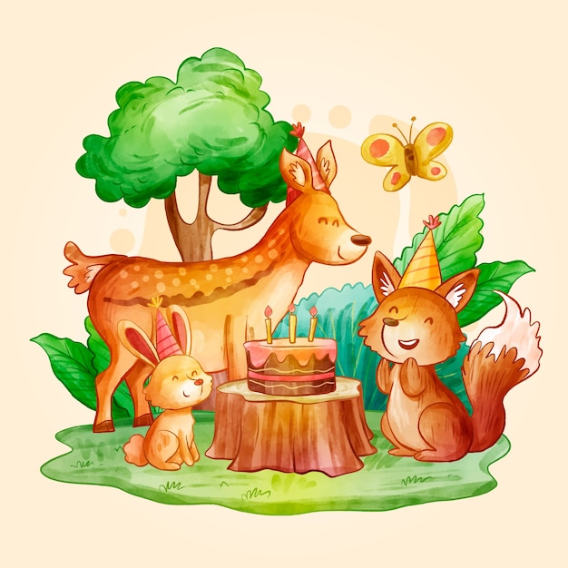 水彩鹿兔子狐狸动物插画