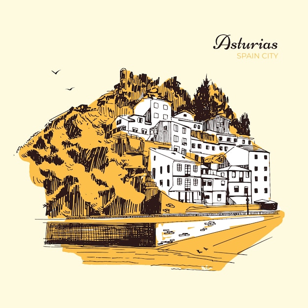 手绘西班牙阿斯图里亚斯风景建筑插画