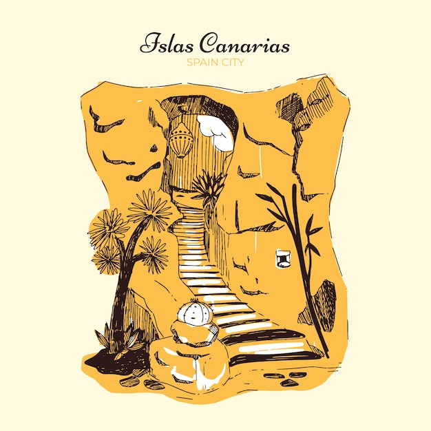 手绘加那利群岛风景建筑插画