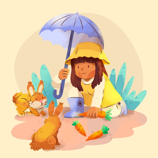 喂食兔子的女孩卡通插画