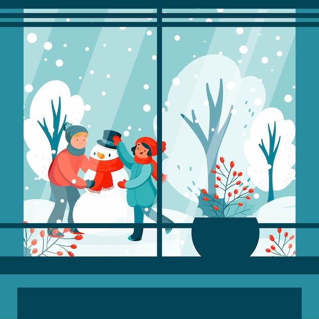 冬季窗外窗户插画