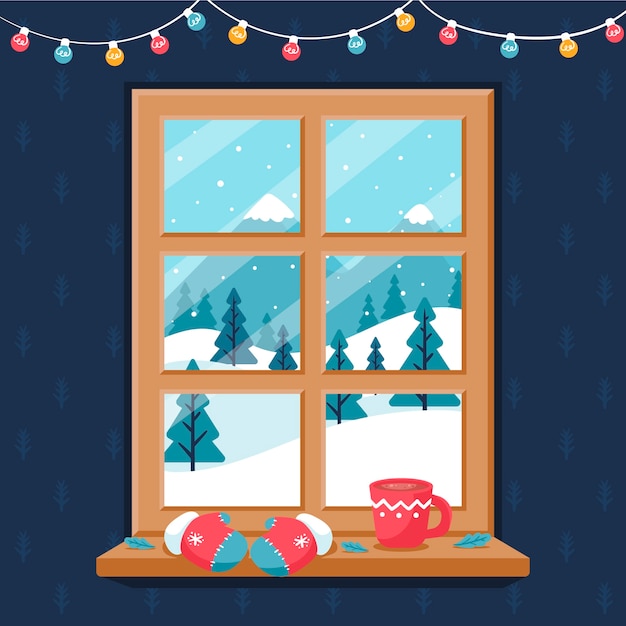 冬季窗外窗户插画