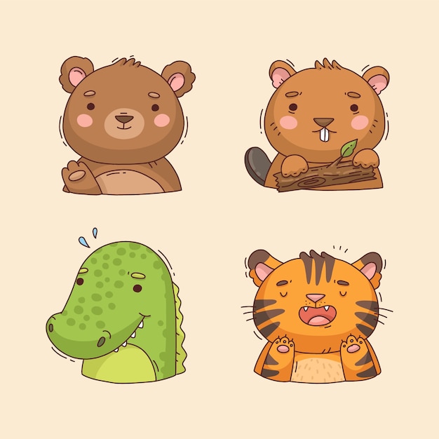 熊海狸鳄鱼老虎动物插画