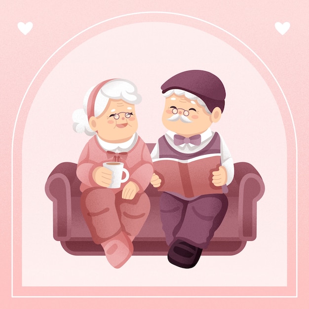 恩爱老年夫妻生活场景人物插画