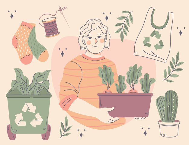 盆栽植物与人插画