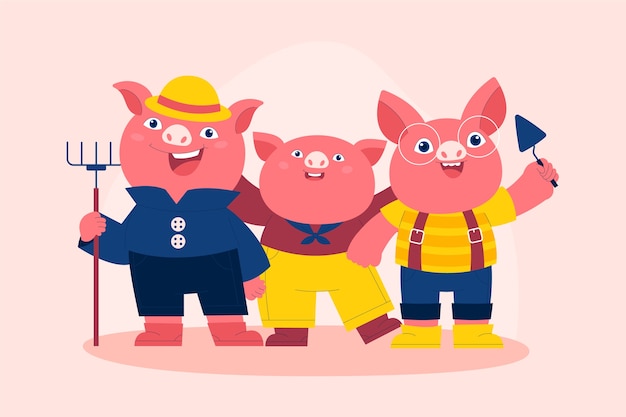 手绘三只小猪插画