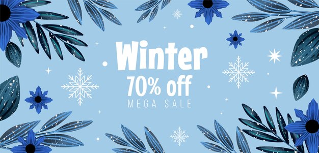 水彩冬季水平销售横幅模板冬季植物叶子花朵装饰边框背景