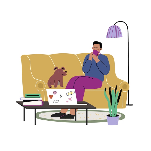 沙发上喝水的人插画