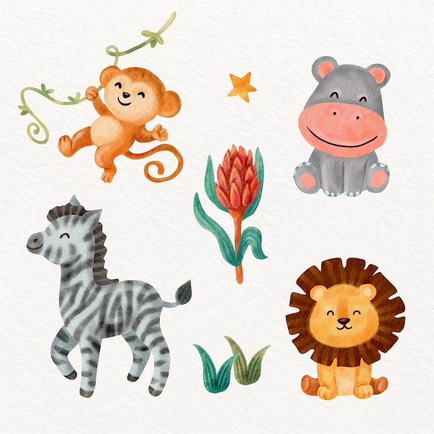 水彩风格斑马猴子河马狮子插画