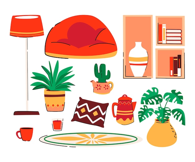 手绘室内家具装饰盆栽插画