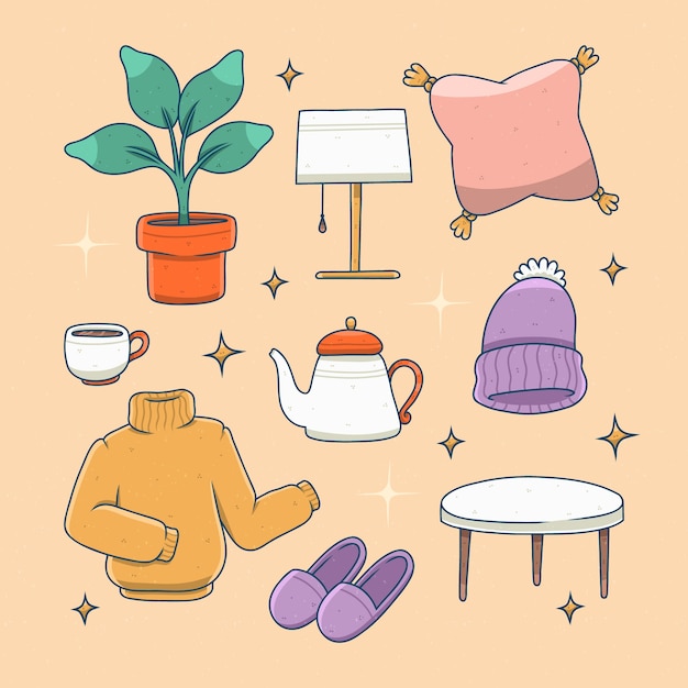 手绘毛衣帽子靠垫茶壶日常用品插画