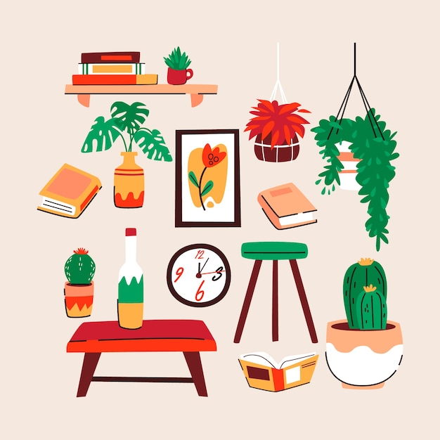 手绘吊兰装饰画仙人掌盆栽日常用品插画