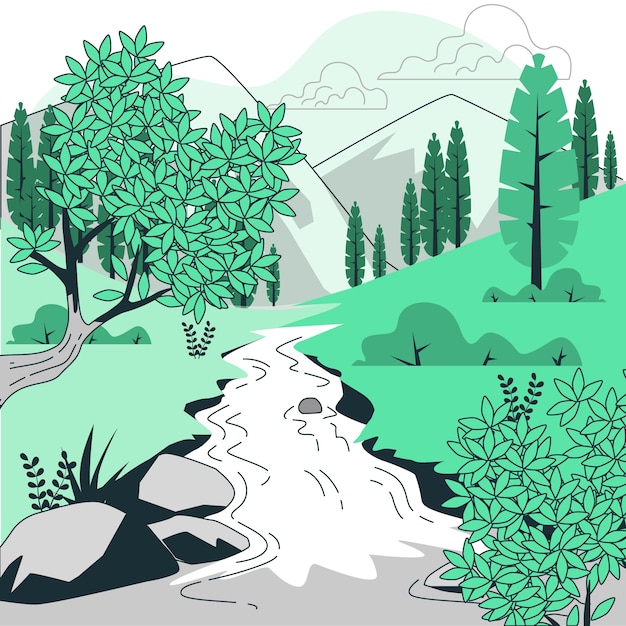 山间溪流河流森林山插画