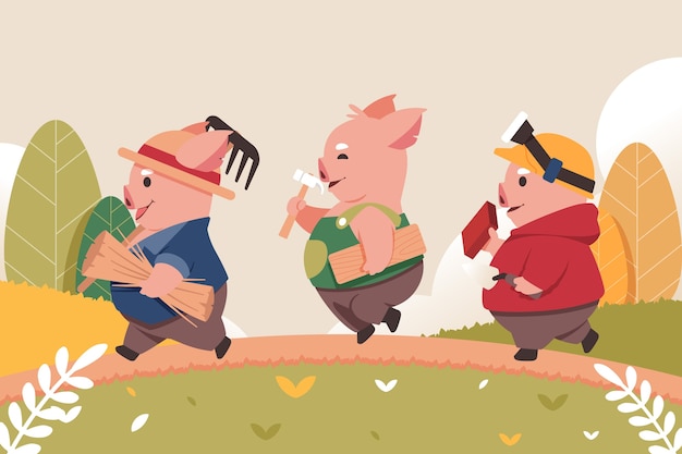 手绘三只小猪儿童插画