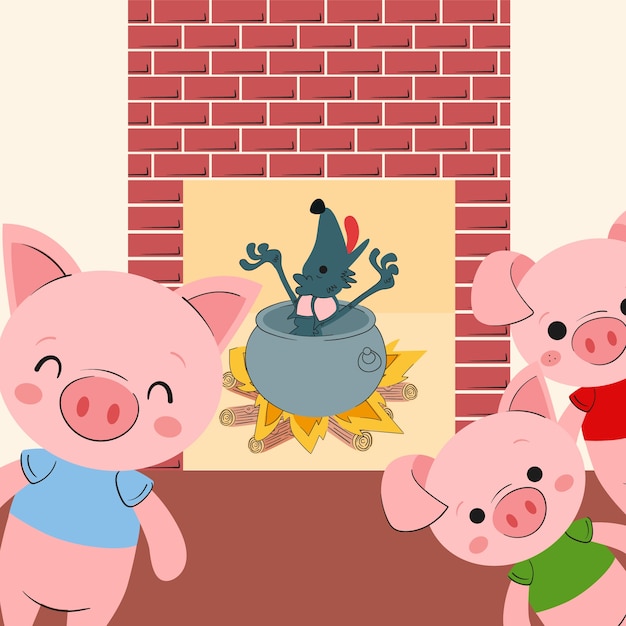 手绘三只小猪儿童插画