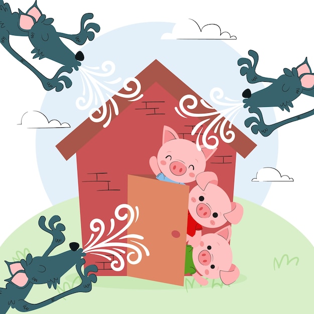 手绘三只小猪儿童插画