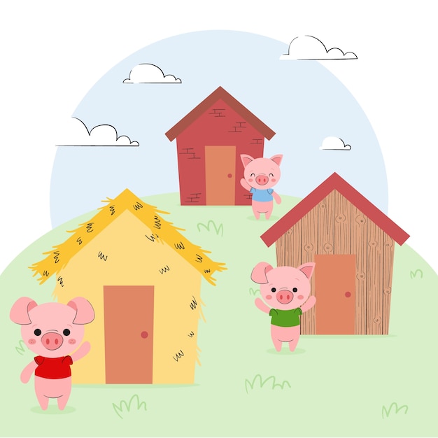 手绘三只小猪儿童插画