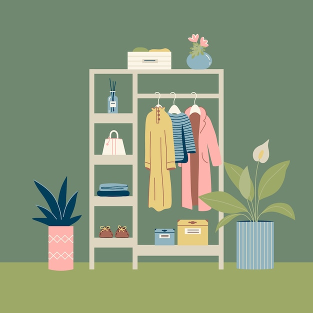 手绘家具衣架置物架插画