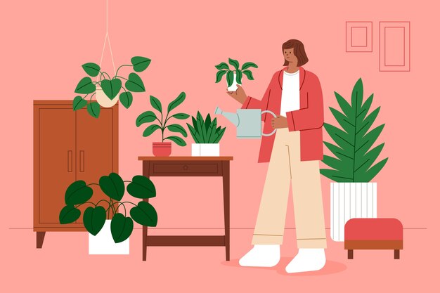 手绘植物浇水人物插画