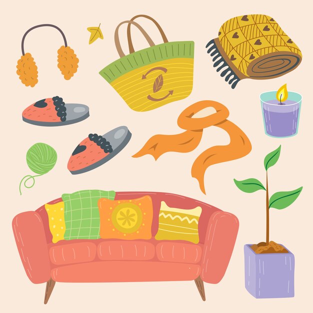 手绘沙发拖鞋地毯围巾插画