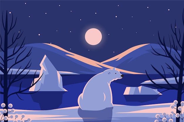 冬季北极熊夜晚插画