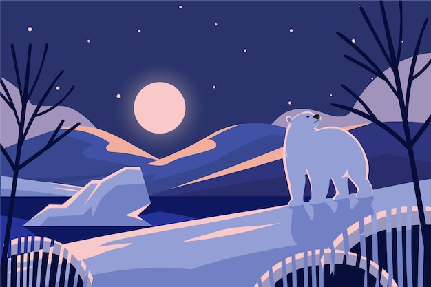 冬季北极熊夜晚插画