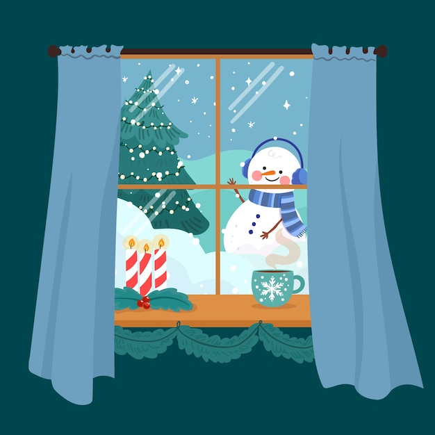 冬季下雪的窗外插画