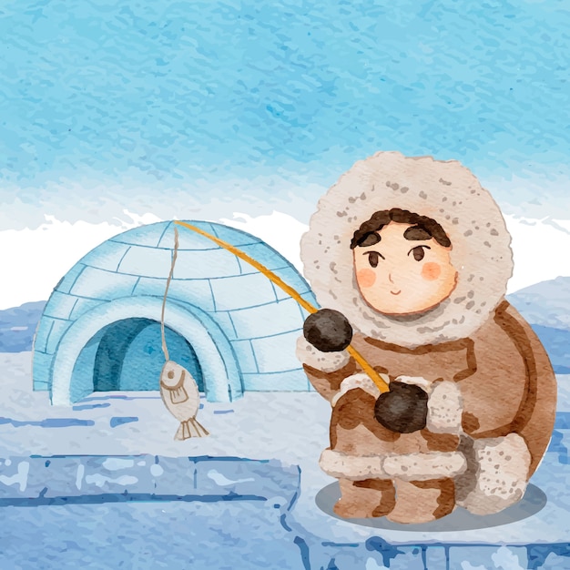 冬季爱斯基摩人钓鱼插画