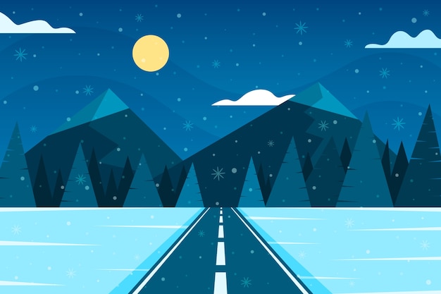 冬季风景雪景森林公路插画