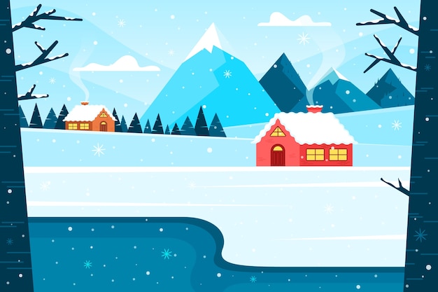 冬季风景雪景森林房屋插画