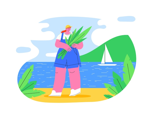 湖边的人物插画