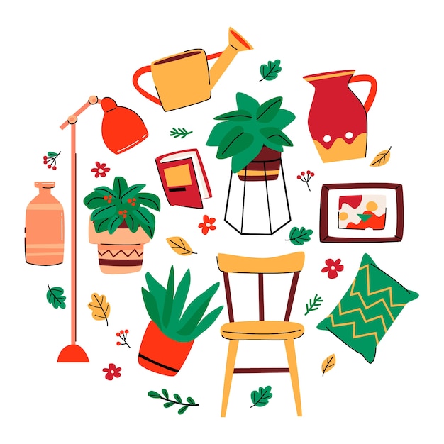 凳子靠垫落地灯盆栽植物插画