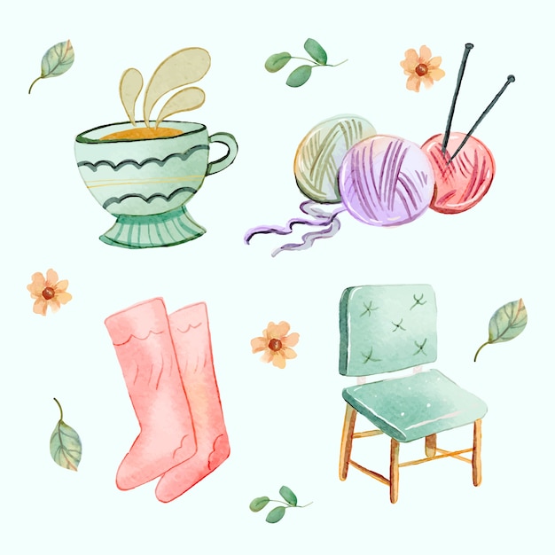 袜子毛线团凳子茶插画